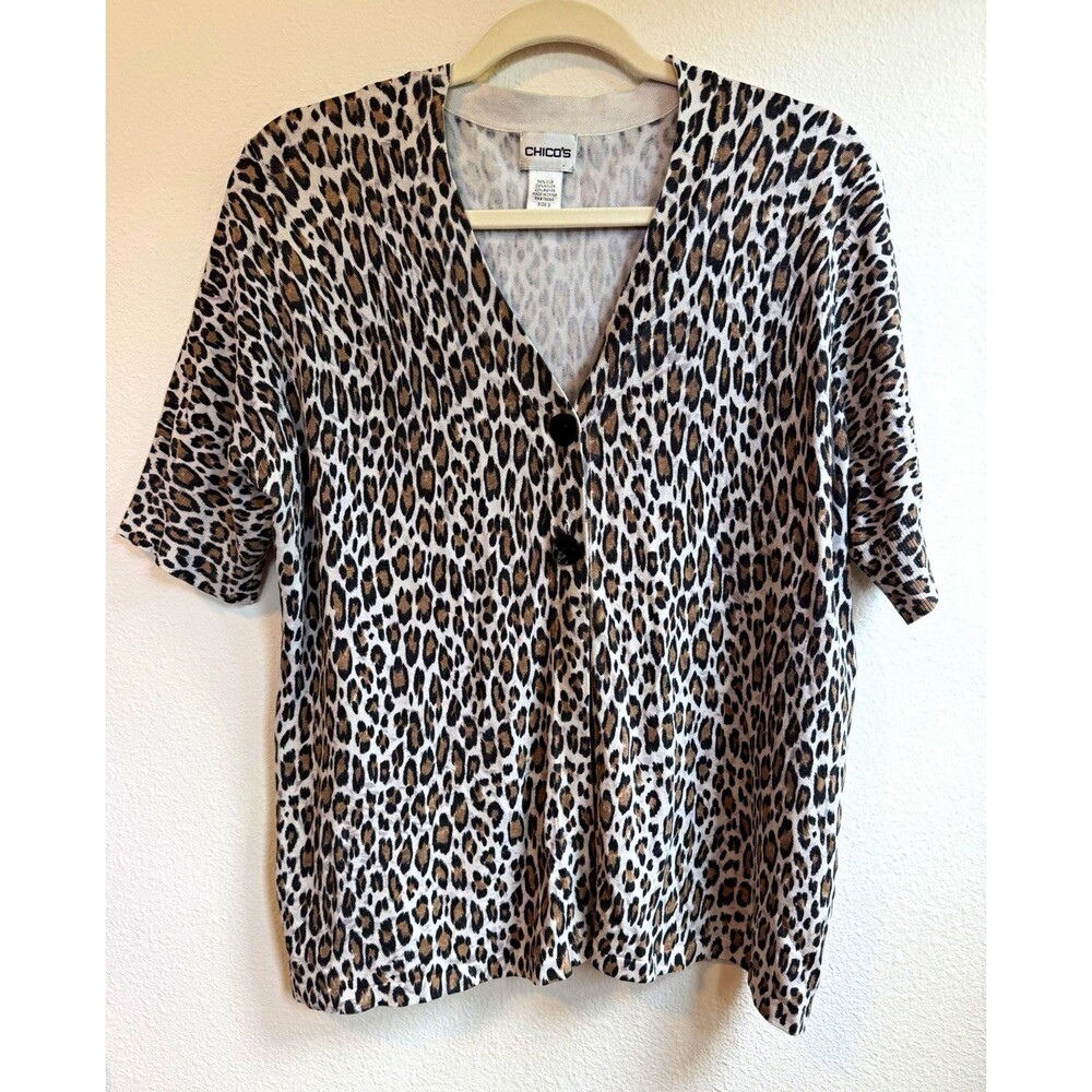 Chico's Leopard Print Short Sleeve V-Neck Button Front Knit Cardigan size 3/L/XL